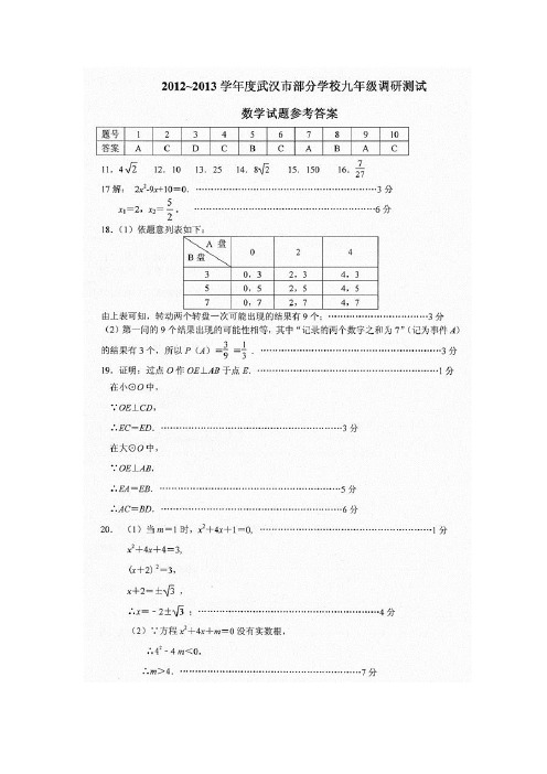 武汉市2013九年级元月调考数学答案及试卷分析