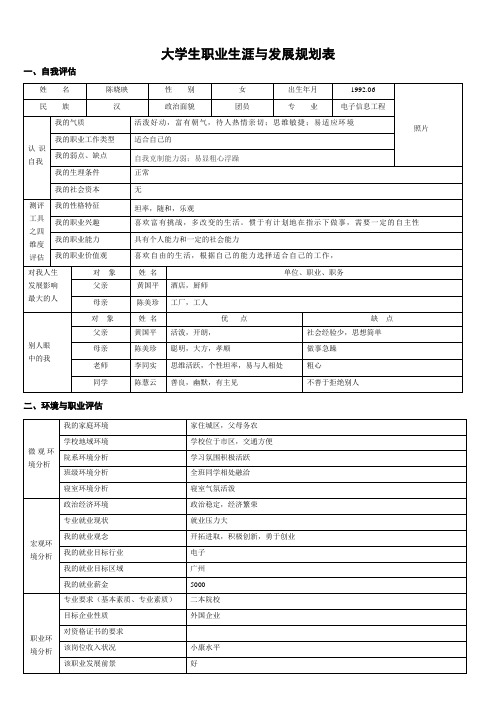 大学生职业生涯与发展规划表