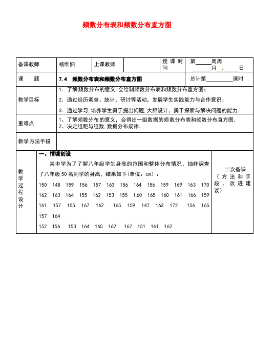 江苏省连云港市八年级数学下册7.4频数分布表和频数分布直方图教案2苏科版