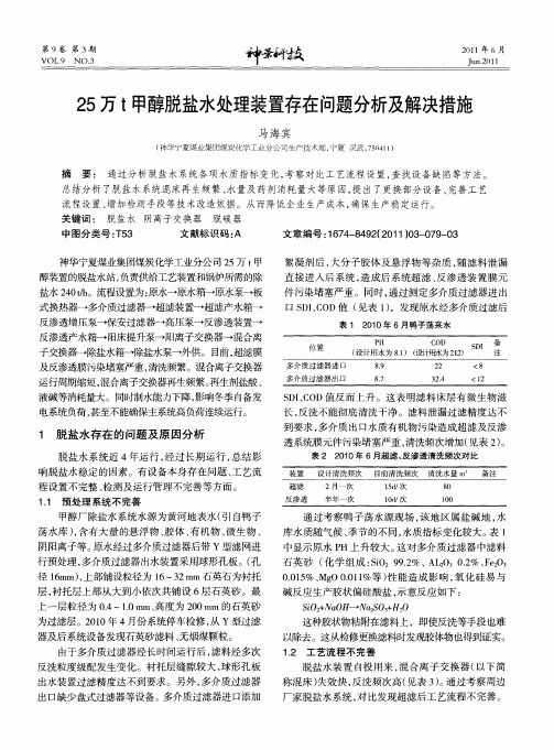 25万t甲醇脱盐水处理装置存在问题分析及解决措施