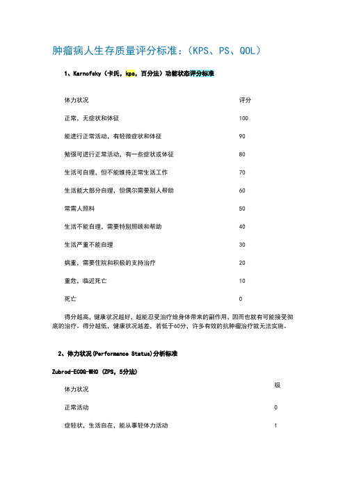 最全肿瘤病人评分标准