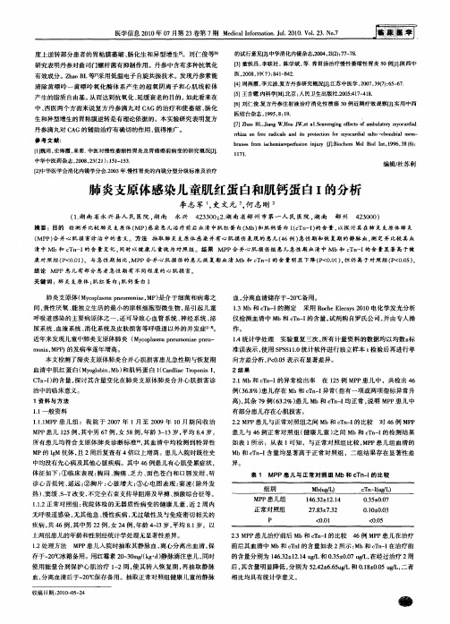 肺炎支原体感染儿童肌红蛋白和肌钙蛋白Ⅰ的分析