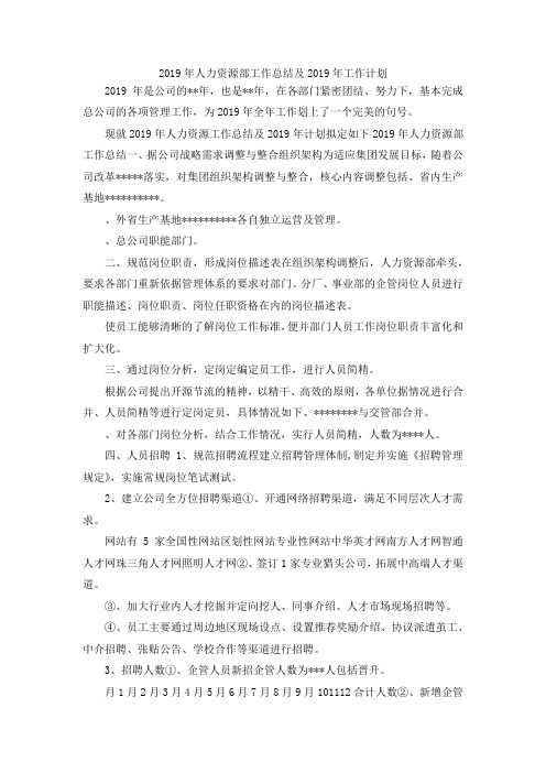 最新-2019年人力资源部工作总结及2019年工作计划 精品