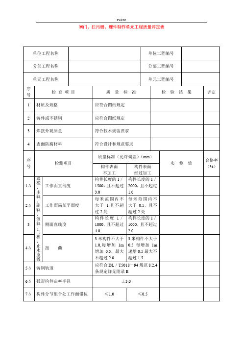 闸门、拦污栅、埋件制作单元工程质量评定表