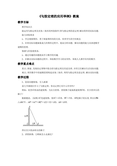 鲁教版七年级数学上册《勾股定理的应用举例》教案