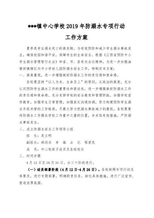 某某镇中心学校2019年防溺水专项行动工作方案
