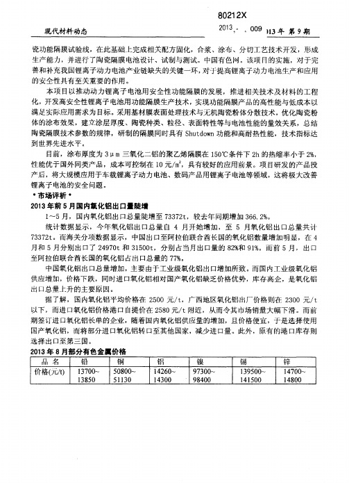 2013年8月部分有色金属价格