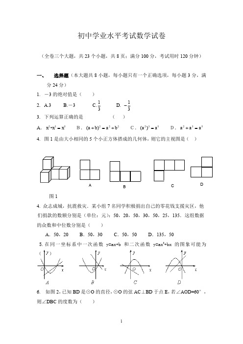 2012年初中数学学业水平测试卷