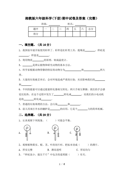 湘教版六年级科学(下册)期中试卷及答案(完整)