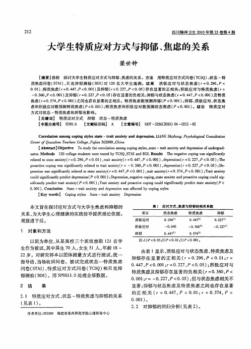 大学生特质应对方式与抑郁、焦虑的关系