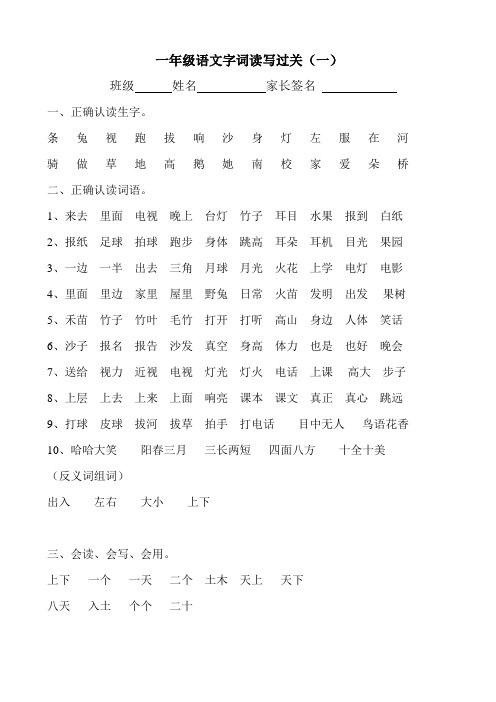 一年级语文字词读写过关