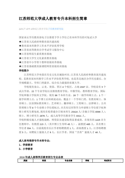 江苏师范大学成人教育专升本科招生简章