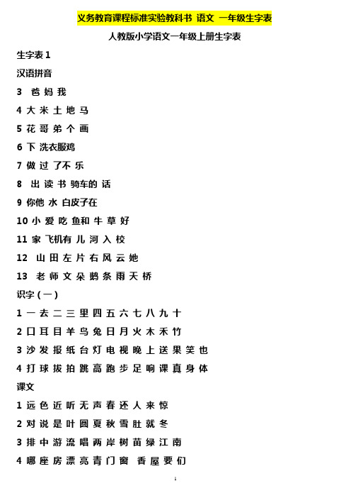 人教版小学语文一年级生字表(打印)