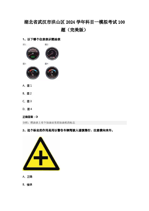 湖北省武汉市洪山区2024学年科目一模拟考试100题(完美版)