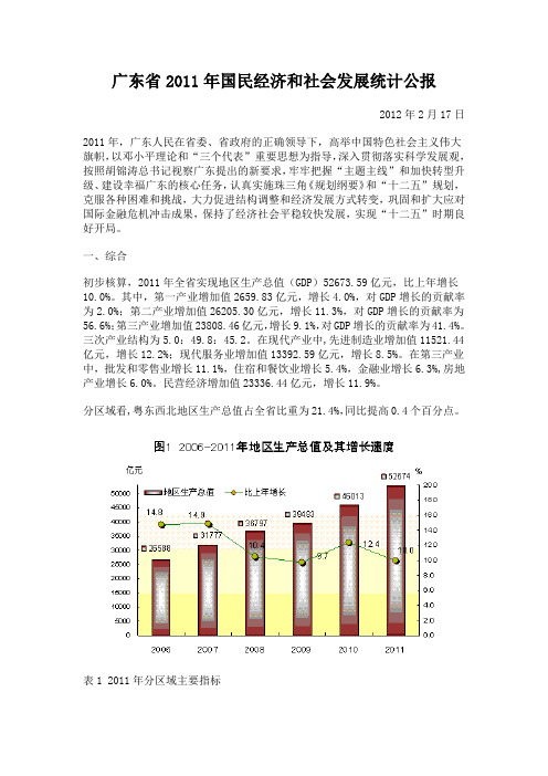 广东省2011年国民经济和社会发展统计公报