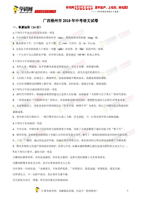 精品解析：广西梧州市2019年中考语文试题(原卷版)