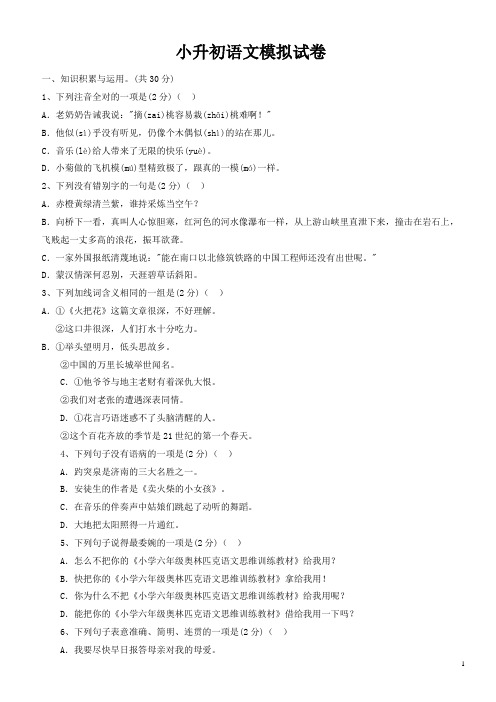 广东省中山市重点中学小升初语文模拟试卷及答案