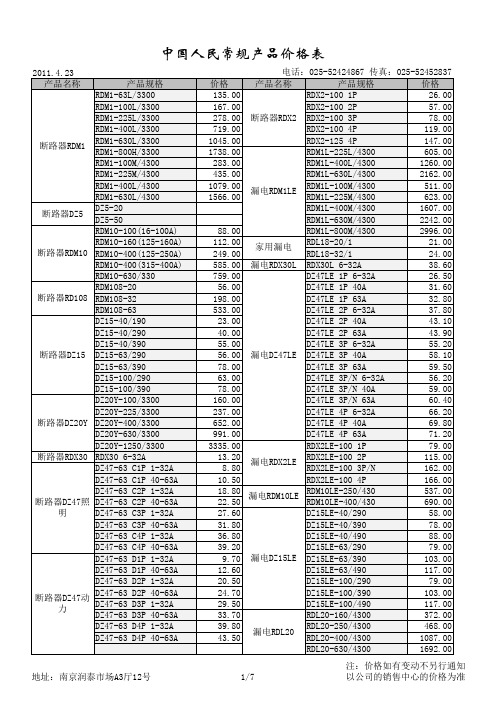 中国人民2011年价格表