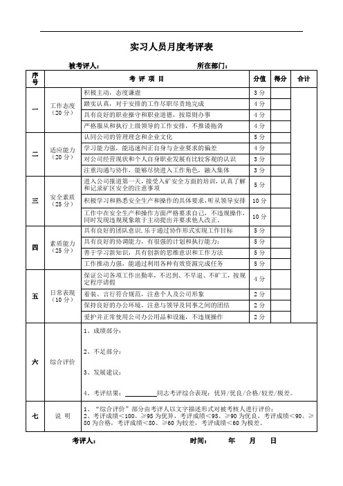 实习人员月度考评表