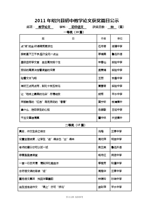 奖项-教学论文---学科-初中语文---获奖总数-50-(篇)