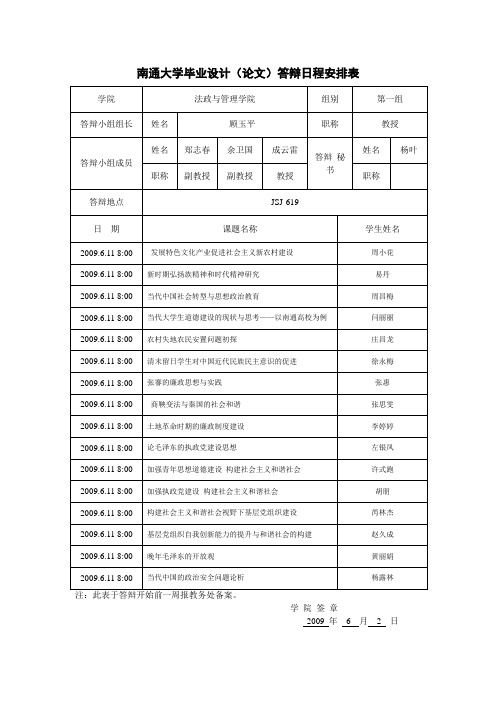 南通大学毕业设计(论文)答辩日程安排表