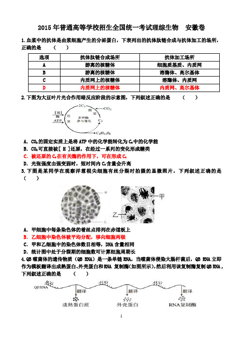 2015年安徽理综卷生物部分答案解析