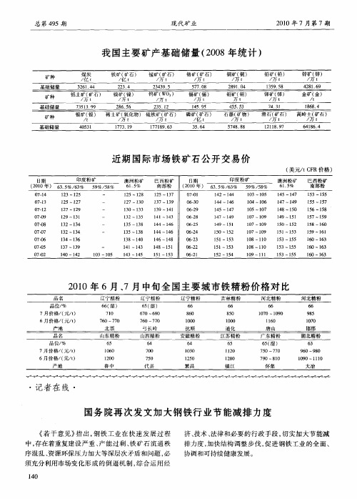 我国主要矿产基础储量(2008年统计)