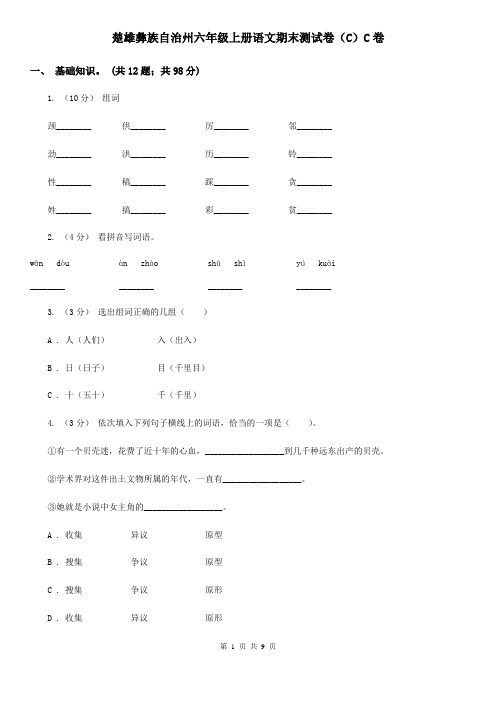 楚雄彝族自治州六年级上册语文期末测试卷(C)C卷