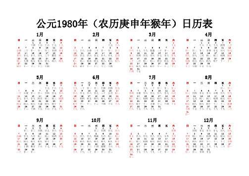 公元1980年日历表农历庚申年猴年