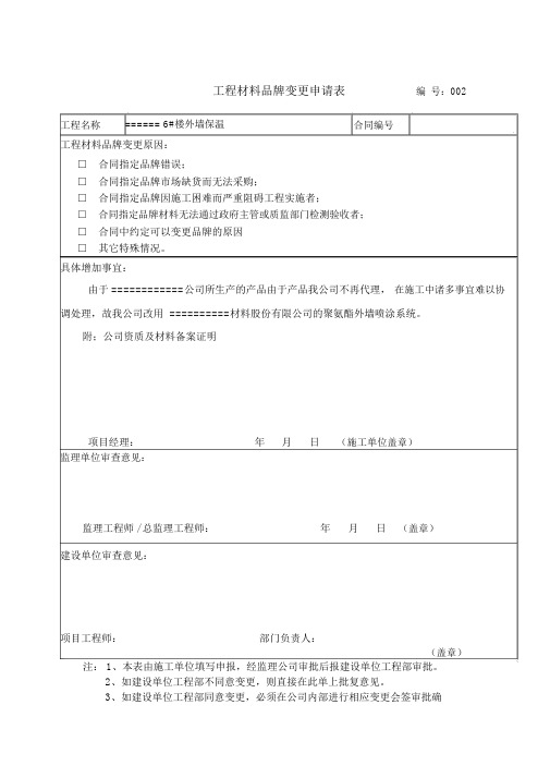 工程材料品牌变更申请表