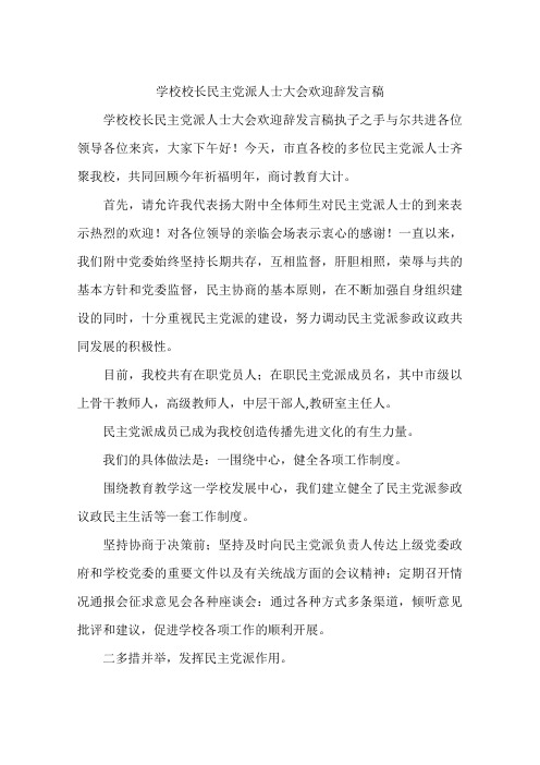 学校校长民主党派人士大会欢迎辞发言稿