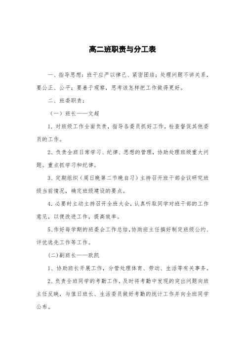 高二班职责与分工表