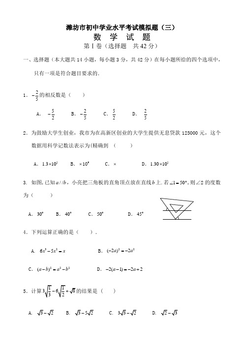 潍坊中考数学模拟题答案