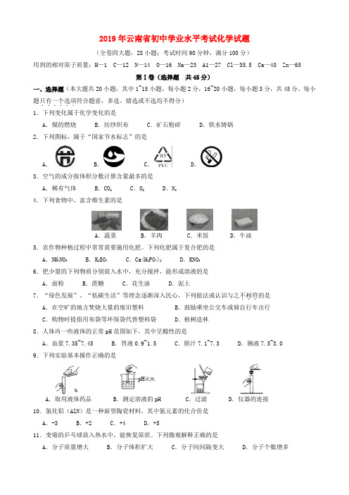 云南省2019年中考化学真题试题Word版含答案