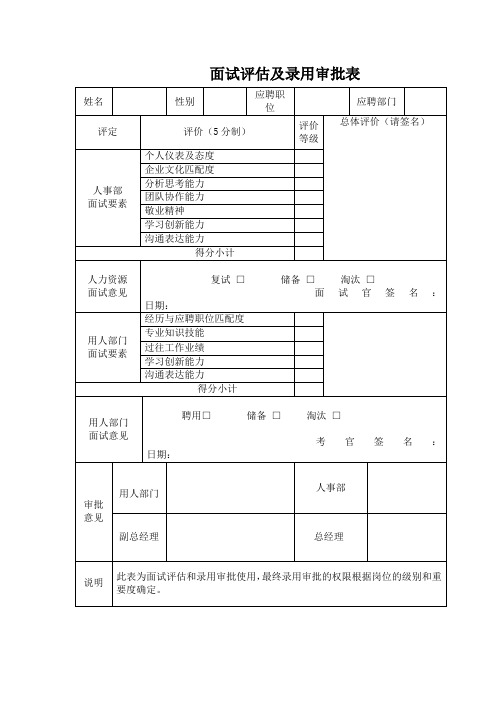 面试评估及录用审批表