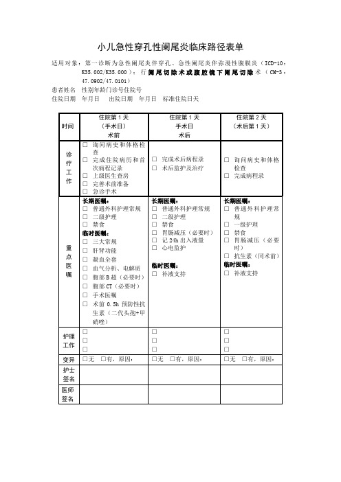 小儿急性穿孔性阑尾炎临床路径表单