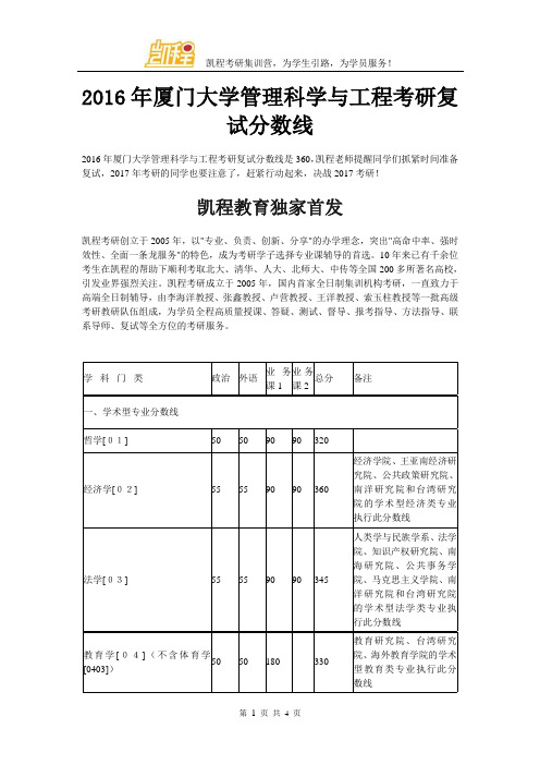 2016年厦门大学管理科学与工程考研复试分数线