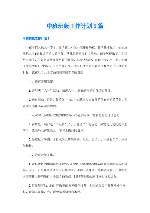 中班班级工作计划5篇