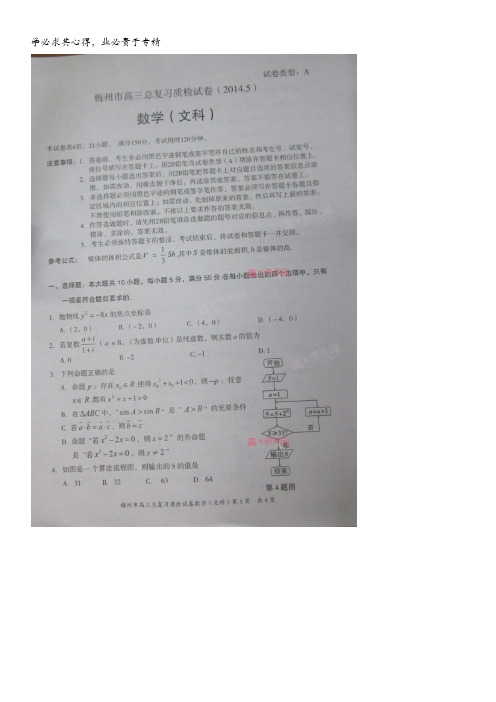 广东省梅州市2014届高三总复习质检(二)数学文试卷 图片版含答案