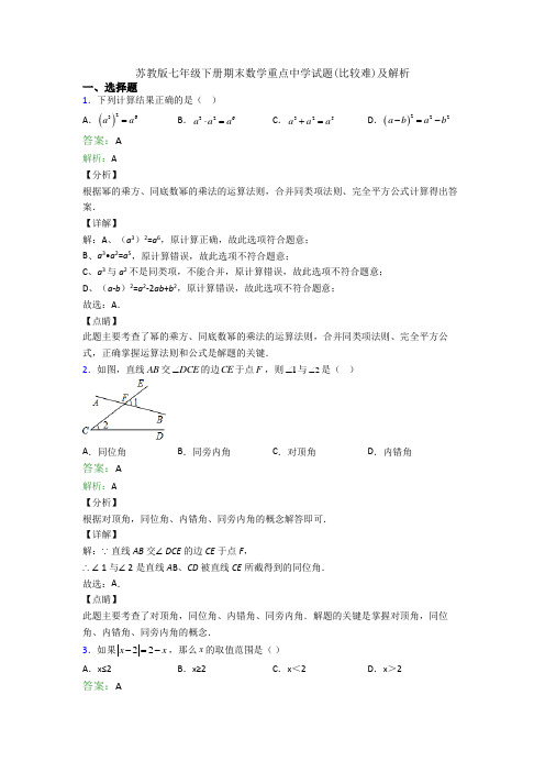 苏教版七年级下册期末数学重点中学试题(比较难)及解析