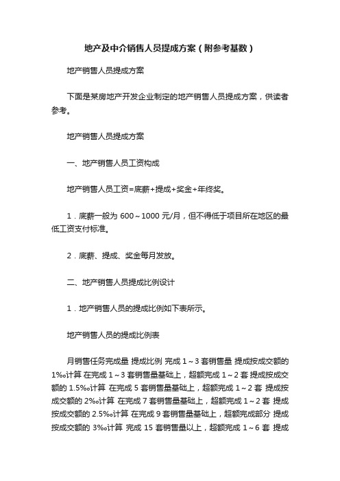地产及中介销售人员提成方案（附参考基数）