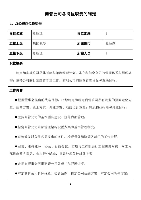 商管公司各岗位职责的制定(拟稿)