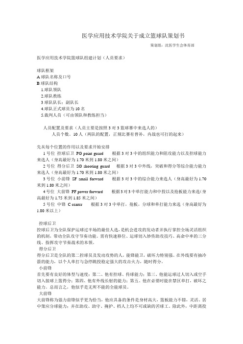 医学应用技术学院篮球队组建计划