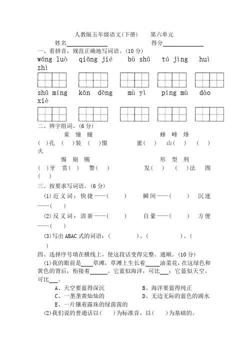 最新统编版部编版人教版语文五年级下册第6单元测试卷DOC