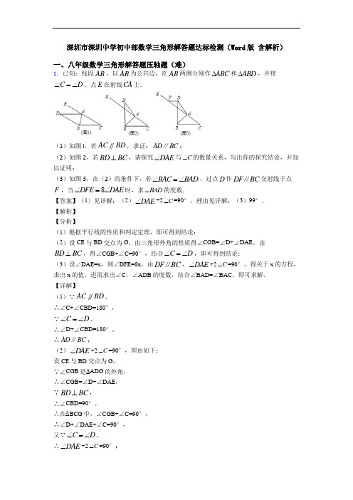 深圳市深圳中学初中部数学三角形解答题达标检测(Word版 含解析)