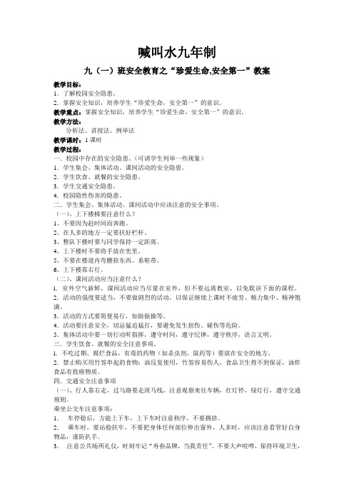 初中学生安全教育珍爱生命安全第一 --九一班