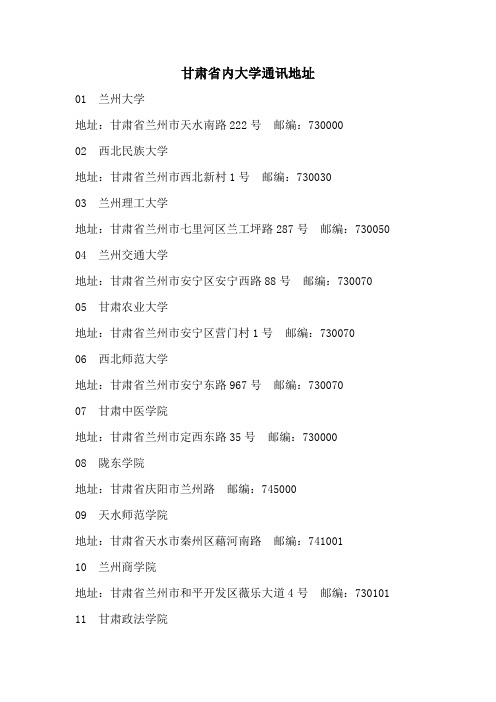 甘肃省内大学通讯地址