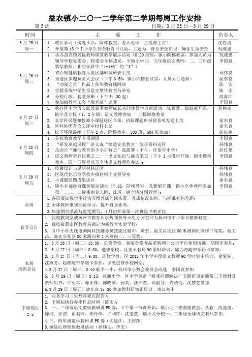 益农镇小二一二学年第二学期每周工作安排