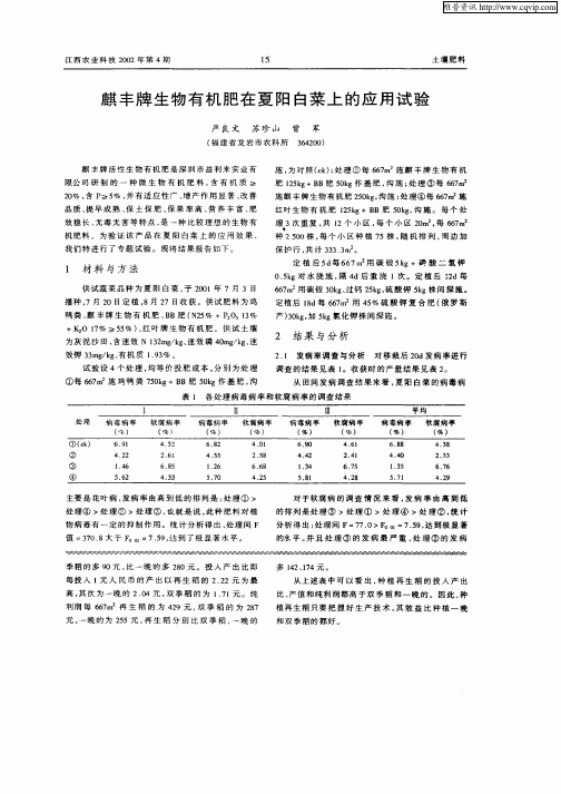 麒丰牌生物有机肥在夏阳白菜上的应用试验