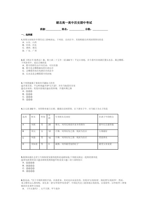 湖北高一高中历史期中考试带答案解析
